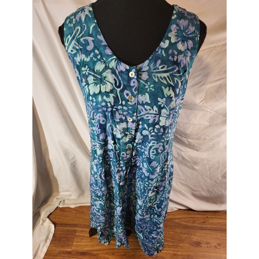 Very Vineyard Sleeveless Tank Dress Blue Floral Batik Medium